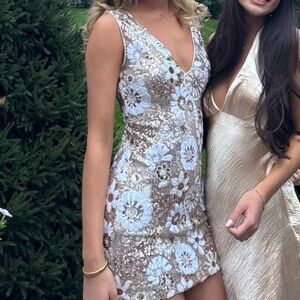 Ramy Brook Sequin Floral Mini Dress in Gold and White